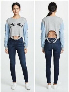 🧨🧨Thrill 94 Top Good Vibes Distressed Denim Sleeve Crop With Open Back Medium